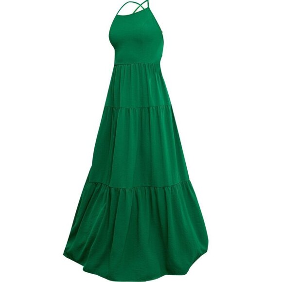 Boho Spaghetti Strappy Back Tiered Flowy Maxi Midi Cami Babydoll Dress Green - Picture 3 of 10